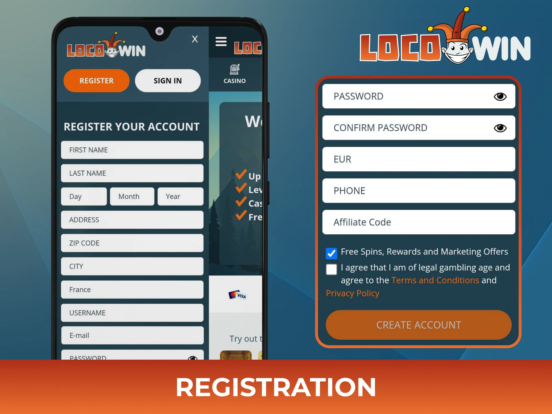Register fast and secure at Locowin PWA app.