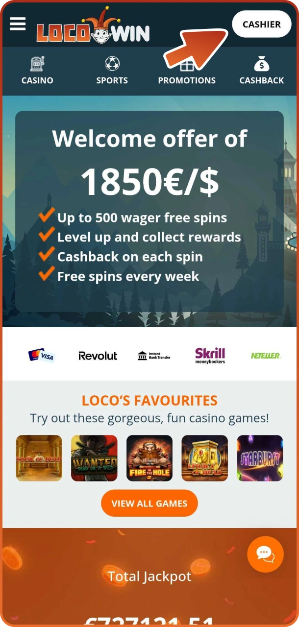 Click on cashier button to make a deposit at Locowin.