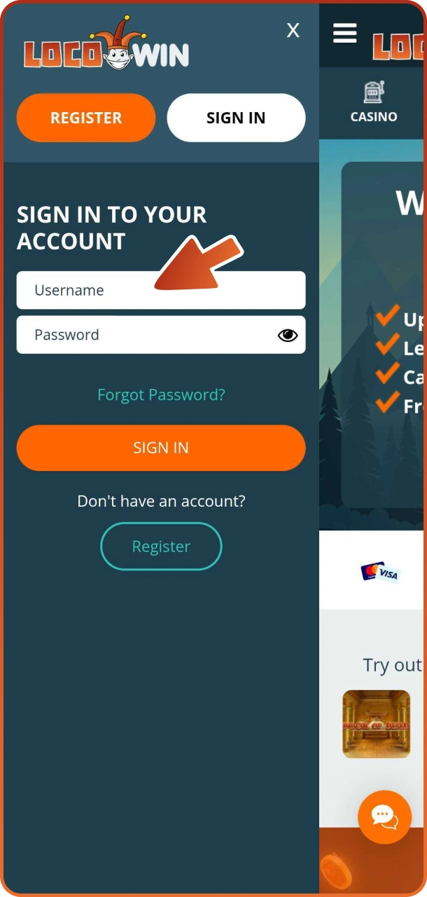 Registrera dig eller logga in på ditt Android Locowin-appkonto.