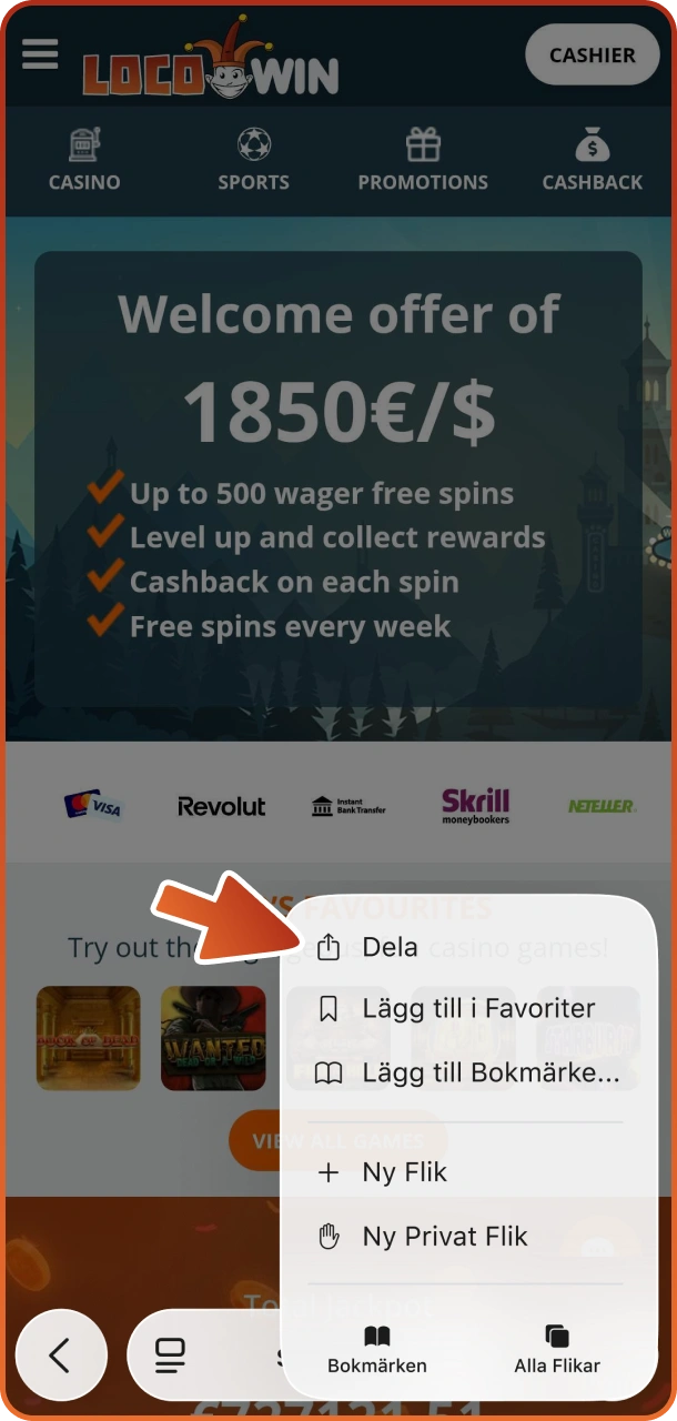 Klicka på delningsknappen för att hämta Locowin iOS-appen.