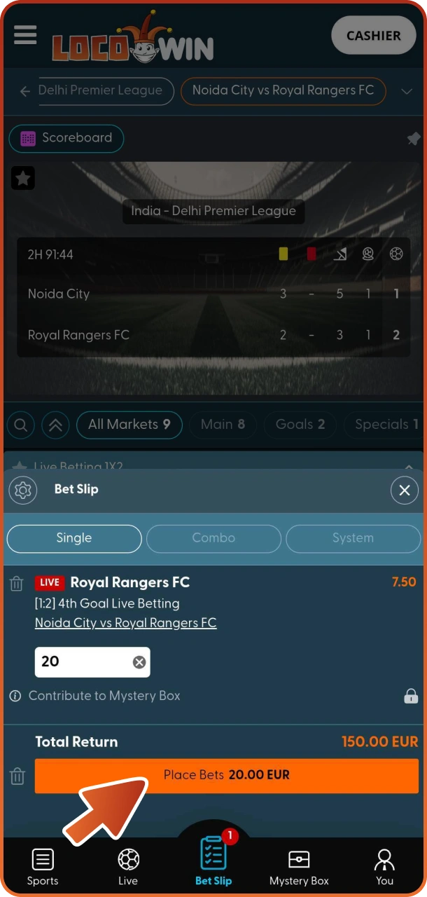 Placera ditt spel genom att trycka på den här knappen i Locowin-appen.
