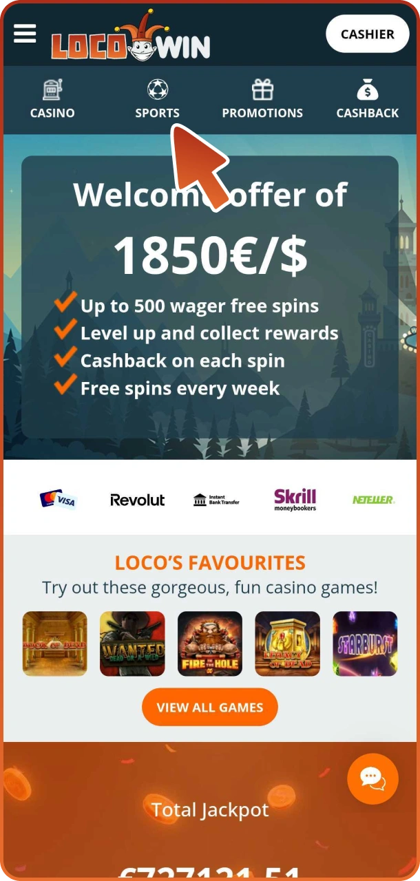 Öppna sportsektionen i din Locowin-app.
