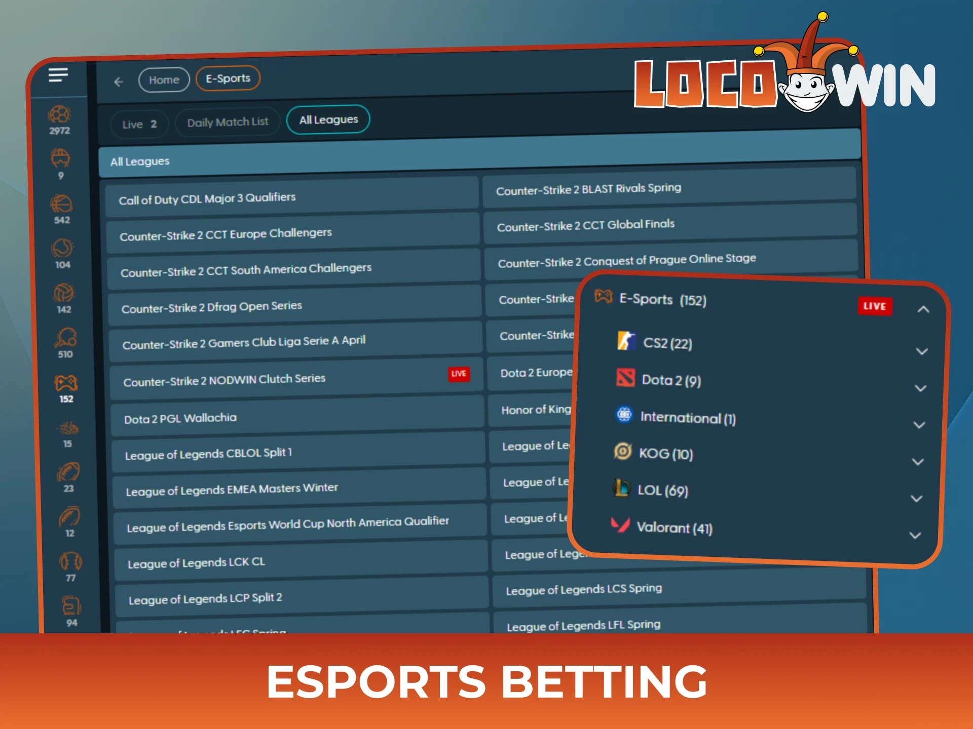 Wagering on top eSports tournaments is available for all Locowin users.