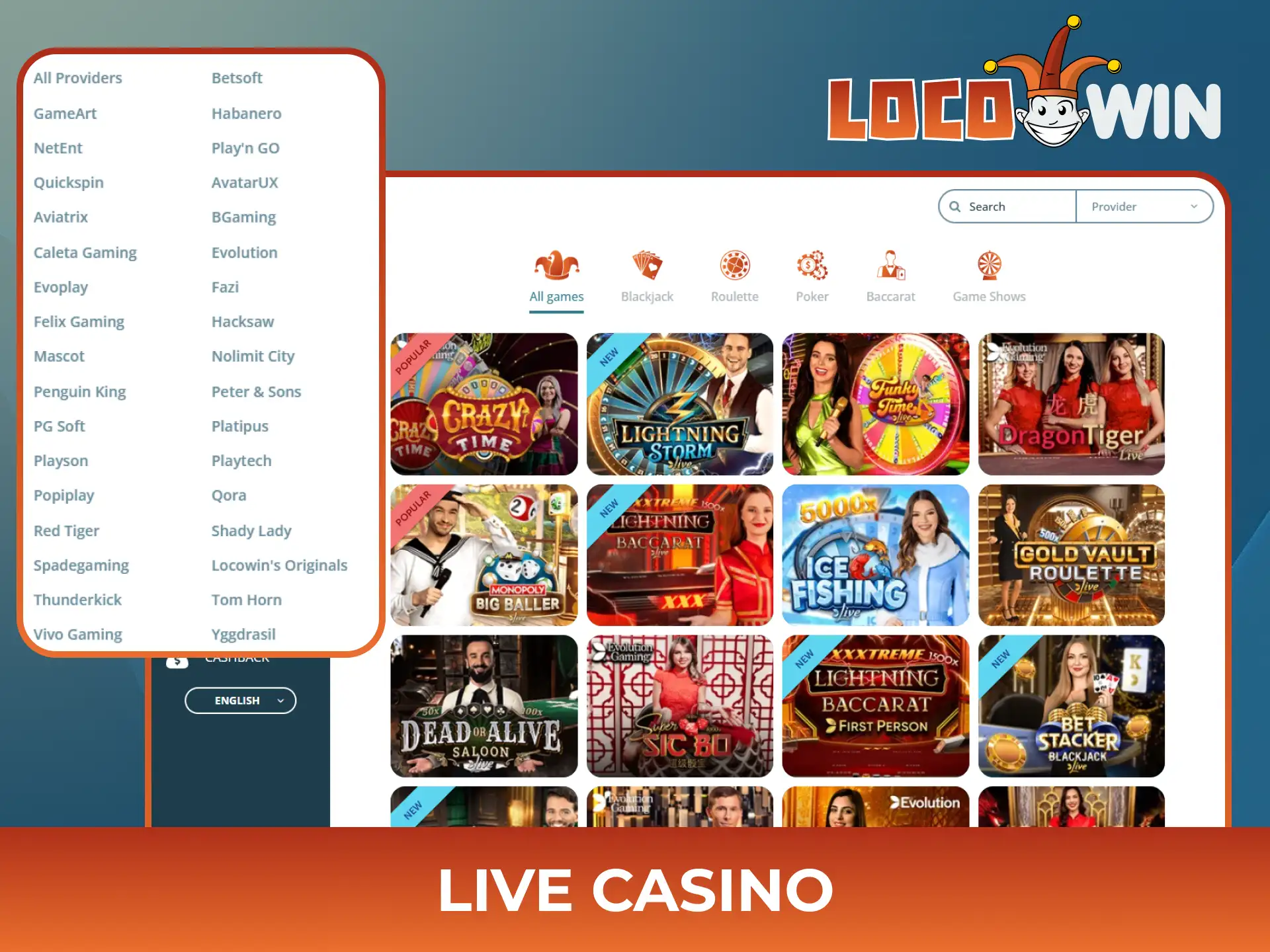 Engage with professional dealers in the Locowin Live Casino lobby.