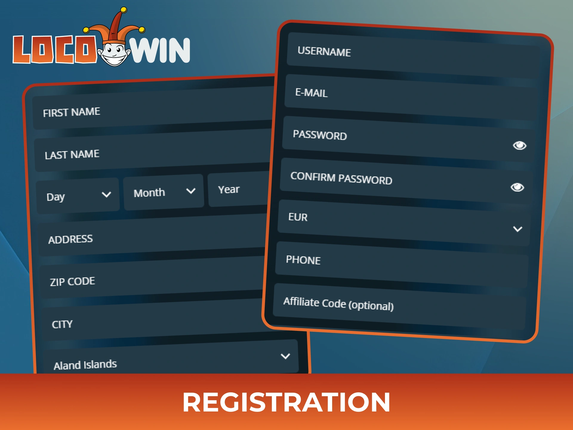Fill in all registration fields to create Locowin account.