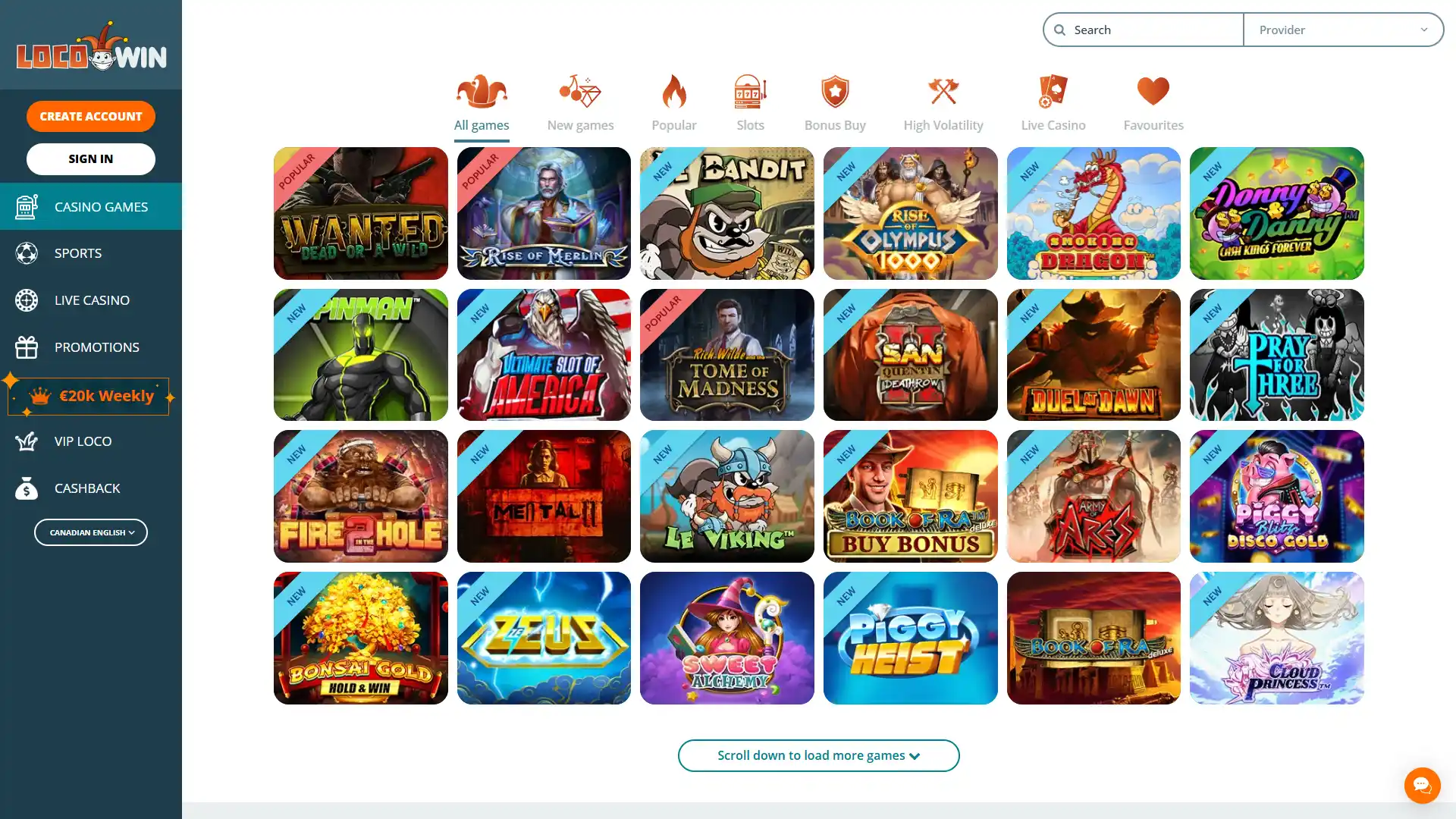 Find many different games at Locowin casino section.