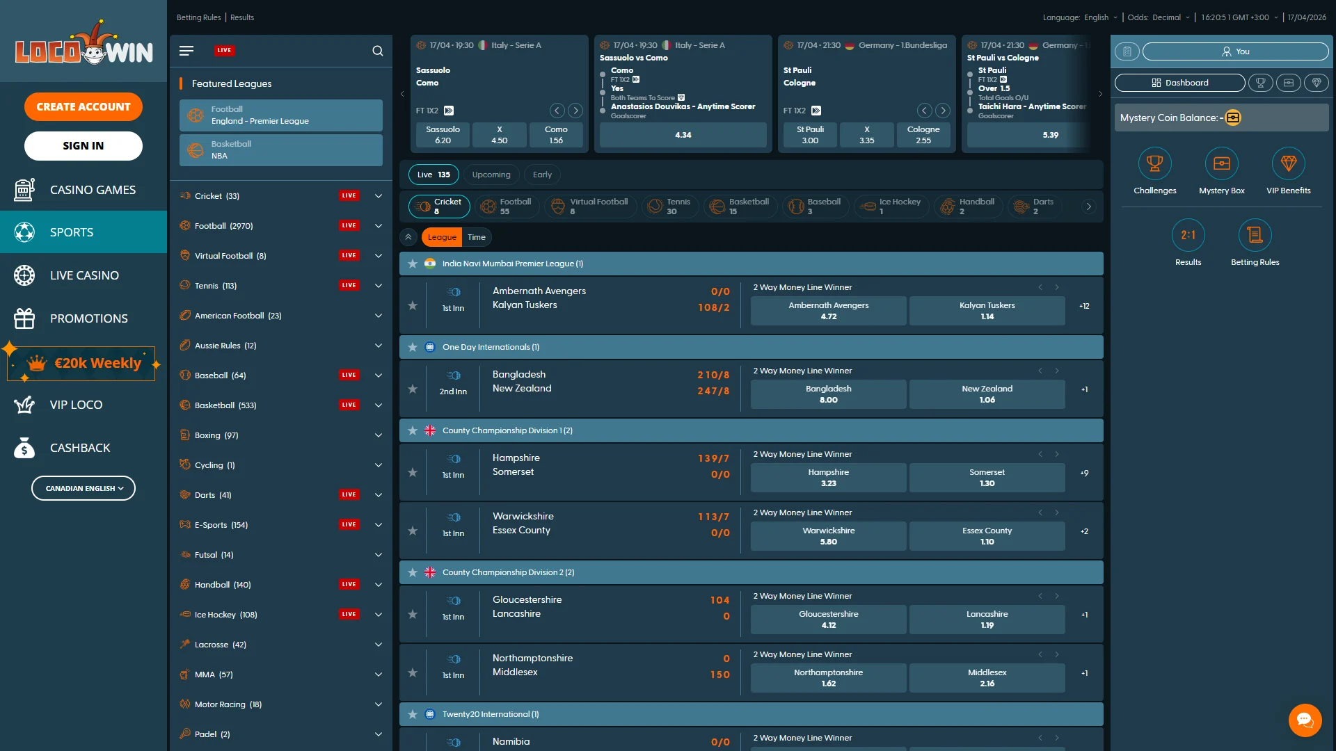 Bet on many different sports tournaments at Locowin sportsbook.