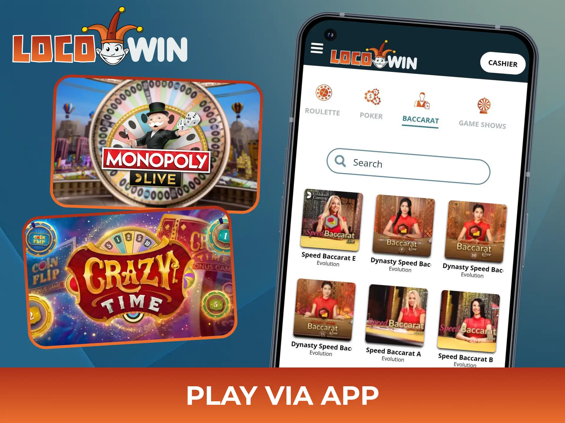 Play live casino anytime anywhere with Locowin app.