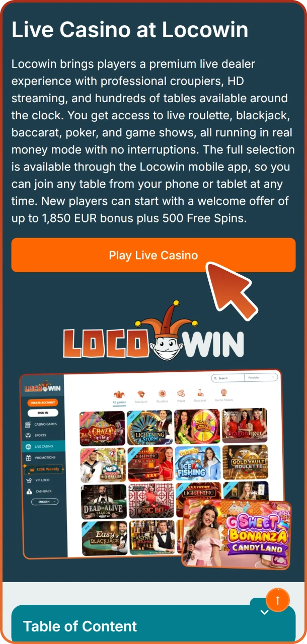 Click this button to start playing live casino games at Locowin.
