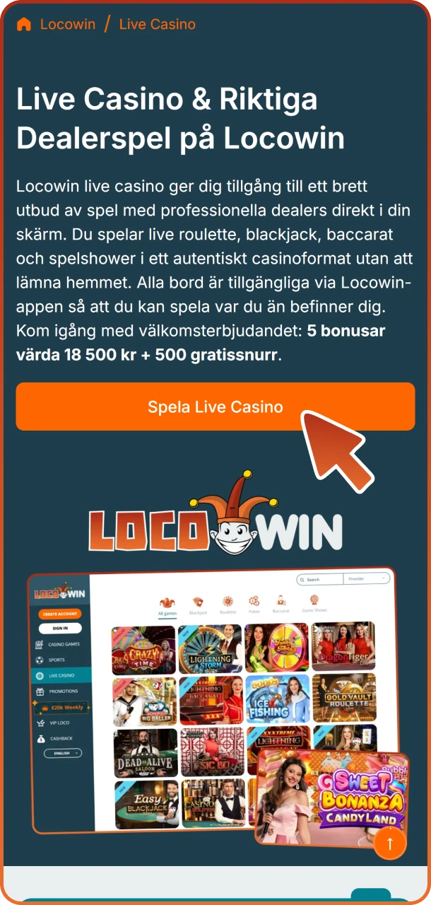 Klicka på den här knappen för att börja spela live casinospel på Locowin.