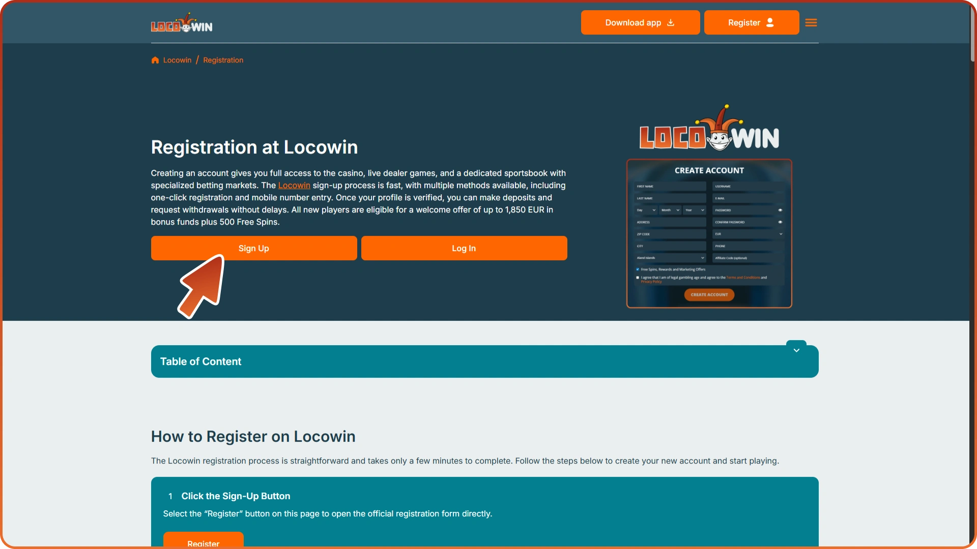 Click button on this page to create Locowin account.