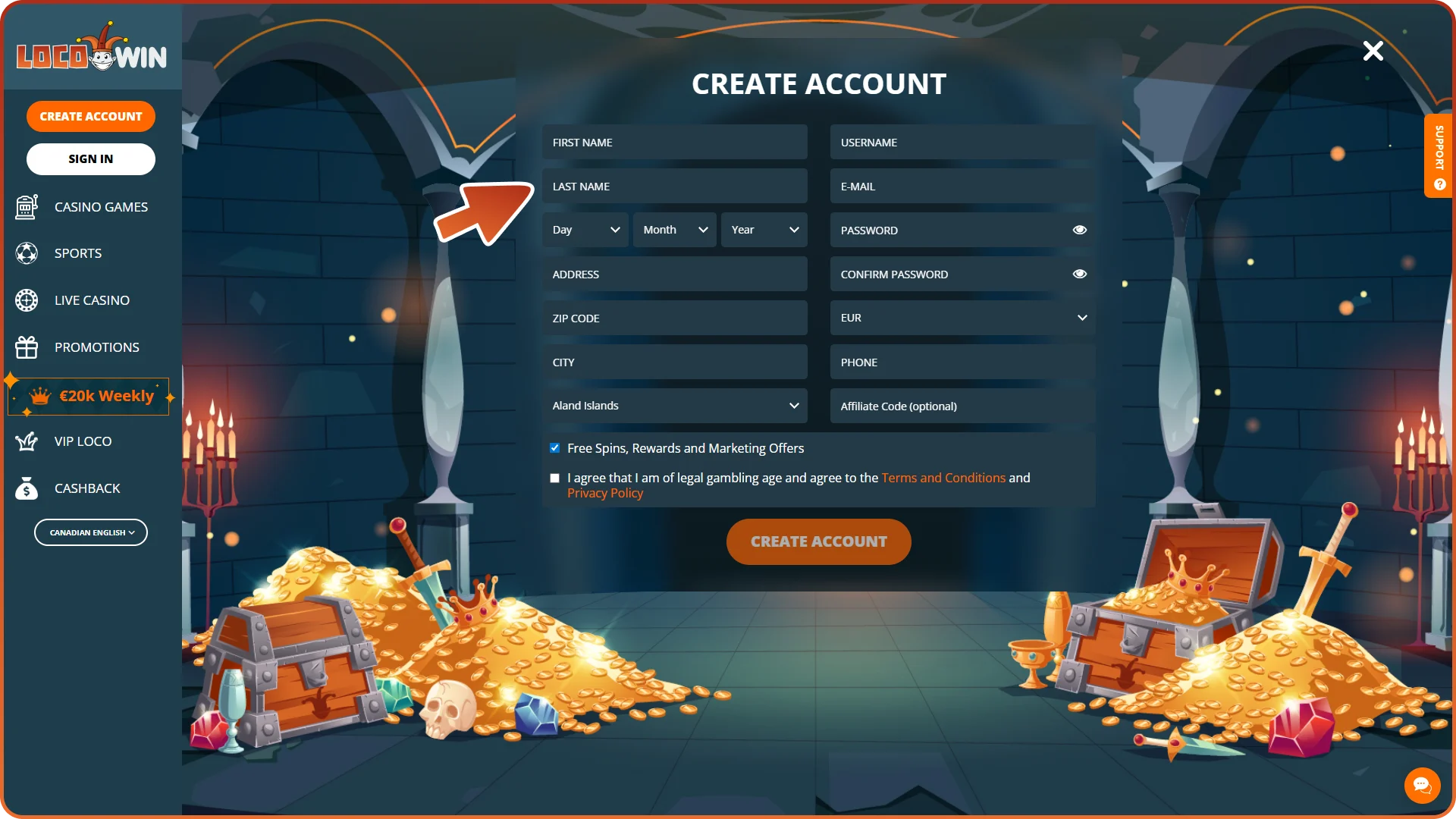 Enter personal data to create Locowin account.