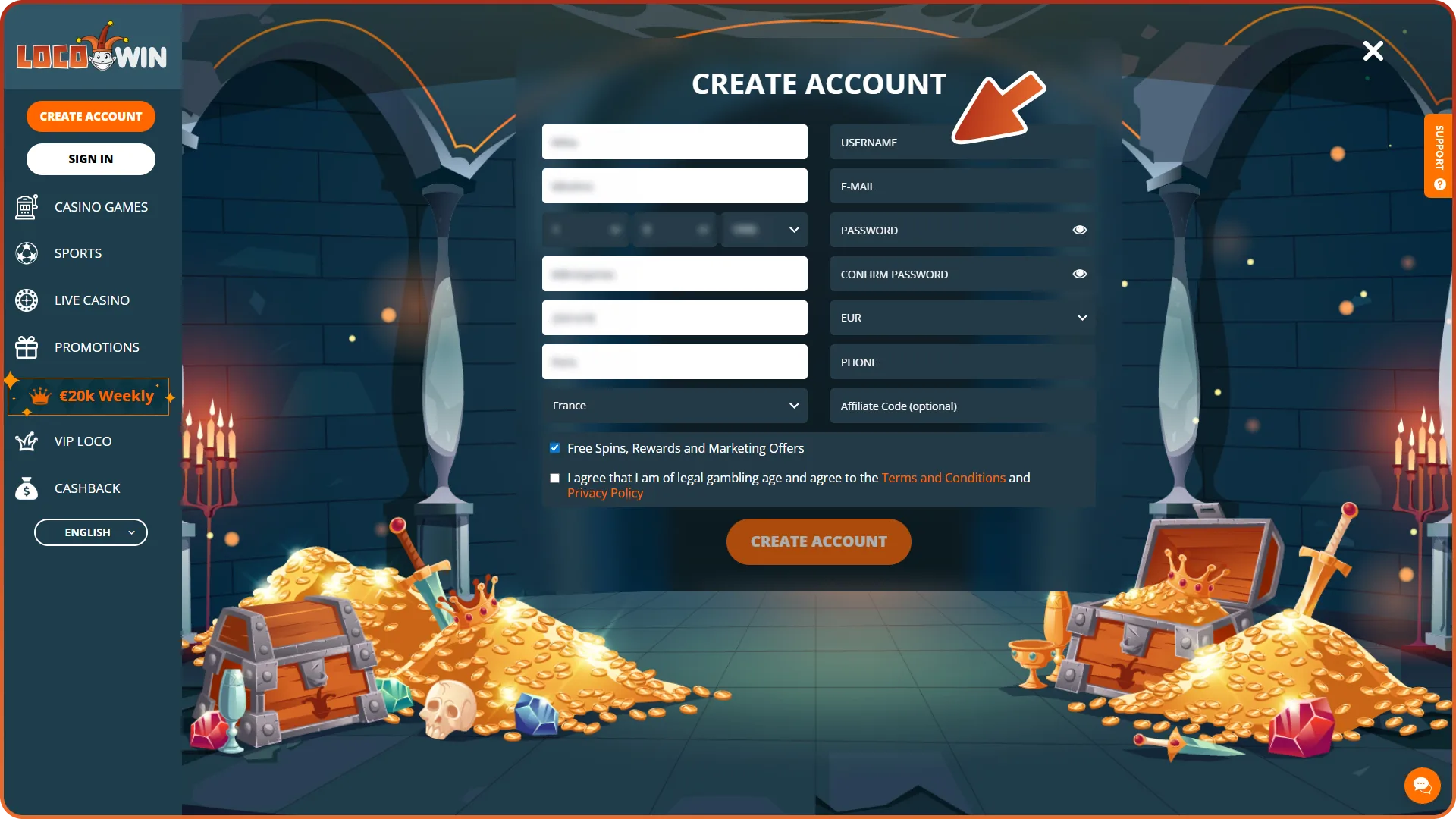 Type in username and password to create Locowin account.