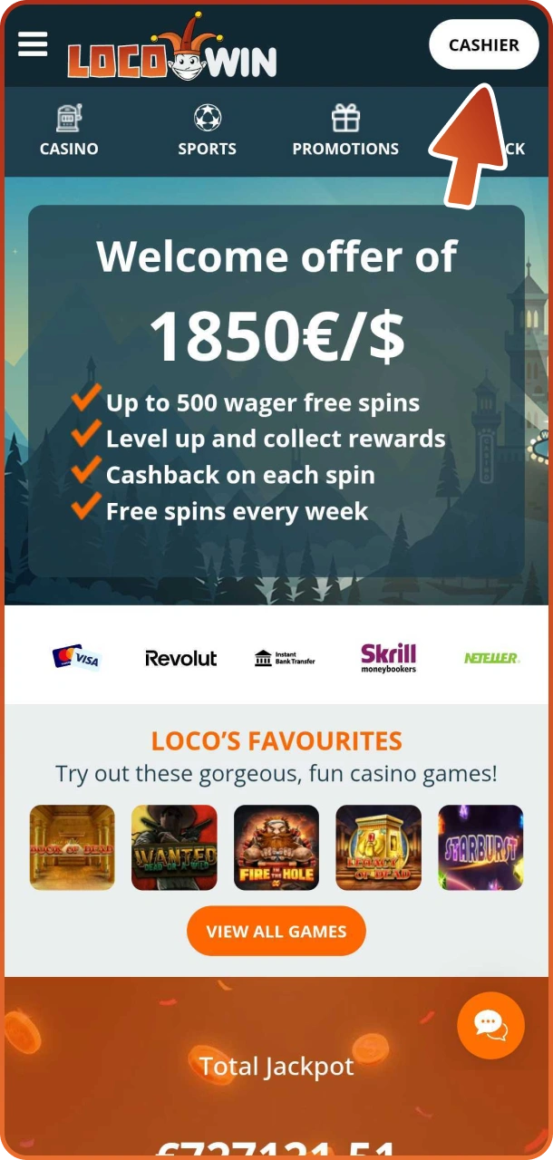 Klicka på kassaknappen för att ta ut vinster på Locowin.